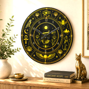 Grande Horloge Ronde Symboles égyptiens anciens motif noir or luxe