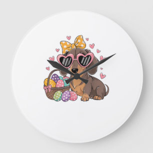 Grande Horloge Ronde T-shirt de dachshund mignon de Pâques