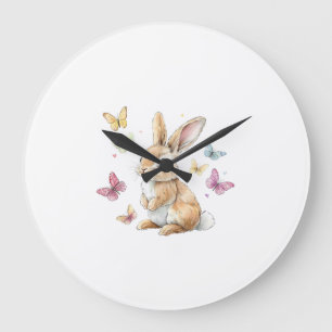 Grande Horloge Ronde T-shirt Mignon Lapin de Pâques Papillon