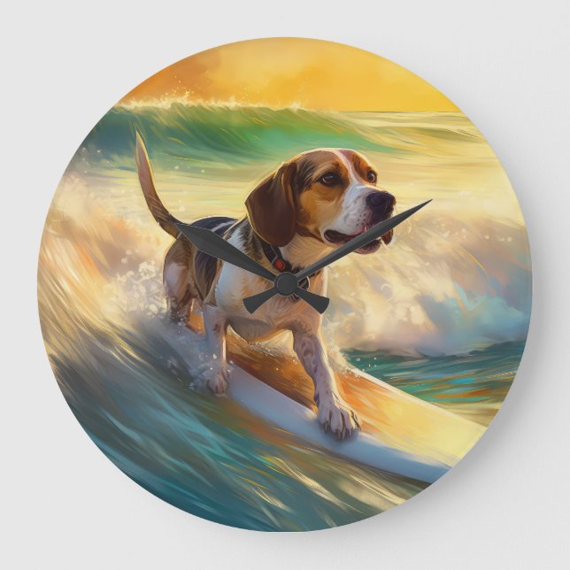 Grande Horloge Ronde Tableau de surf de plage beagle (Recto)