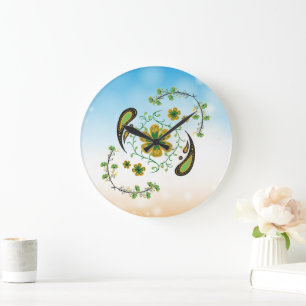 Grande Horloge Ronde Taiji Fleur Vert Jaune Floral