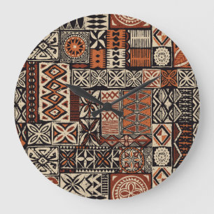 Grande Horloge Ronde Tapa hawaïen : Patchwork tribal