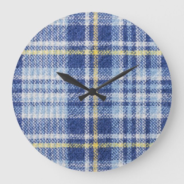 Grande Horloge Ronde Tartan jaune bleu : Plaid tendance (Recto)