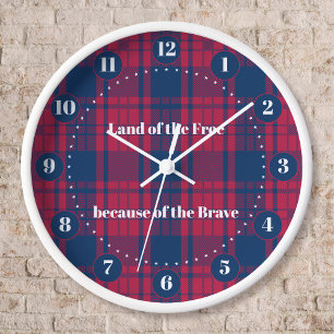 Grande Horloge Ronde Tartan - Patriotique - Étoiles Rouges Bleu Blanc