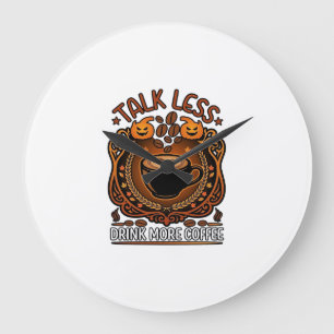 Grande Horloge Ronde Tasse Café Halloween Citrouilles Parle Moins Boit
