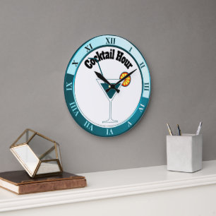 Grande Horloge Ronde Teal and White Cocktail Hour Bar Clock