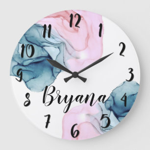 Grande Horloge Ronde Teal & Rose Éthéré Encre Fantaisie Tendance Glam