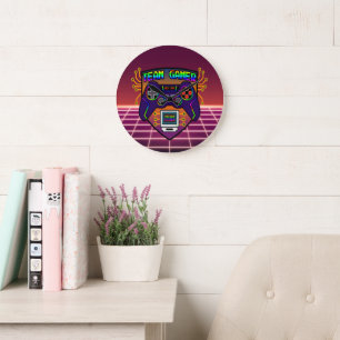 Grande Horloge Ronde Team Gamer, déco gaming manette rétro, fond retro 