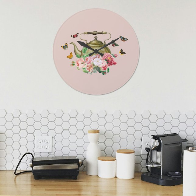 Grande Horloge Ronde Teapot Party rose Floral & Papillons Cuisine (Teapot Party Pink Floral & Butterflies Kitchen Large Clock)