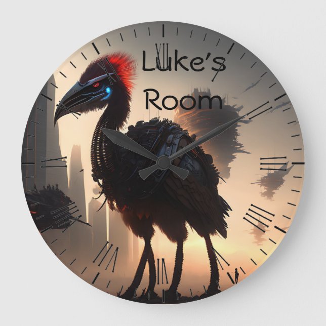 Grande Horloge Ronde "Techno-Feathers : Le robot futuriste Emu" (Recto)