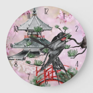 Grande Horloge Ronde Temple japonais, hirondelle et fleurs de cerisiers