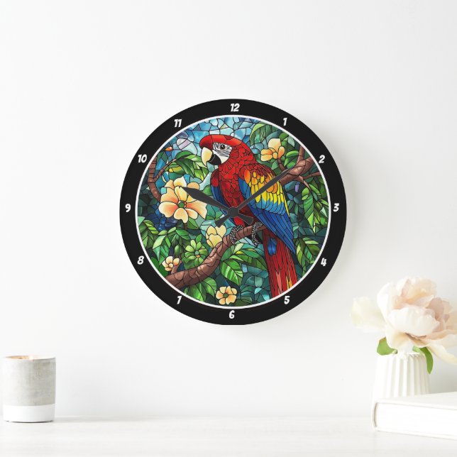 Grande Horloge Ronde Temps de canopée tropicale" - Perroquet en verre (Maison)