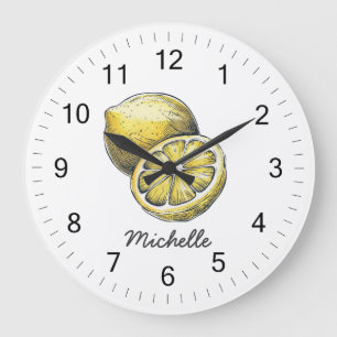 Grande Horloge Ronde Tendance Moderne Personnalisé Aquarelle Citron Jau