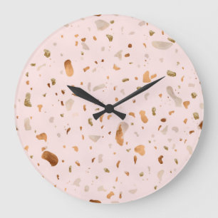 Grande Horloge Ronde Terrazzo Rosée Et Rosée Avec Des Zones En Cuivre O