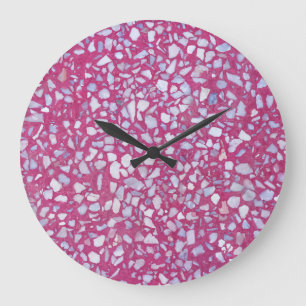 Grande Horloge Ronde Terrazzo Texture : Elégance blanche rose.