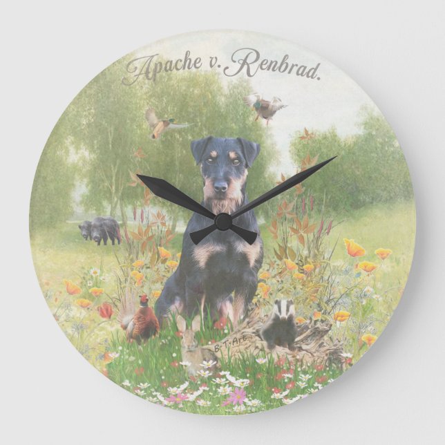 Grande Horloge Ronde Terrier de chasse allemand (Jagdterrier) Autocolla (Recto)