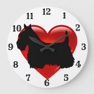 Grande Horloge Ronde Térrier écossais silhouette noire cœur rouge