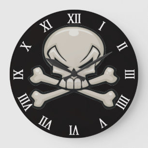 Grande Horloge Ronde tête crâne avec arêtes croisées