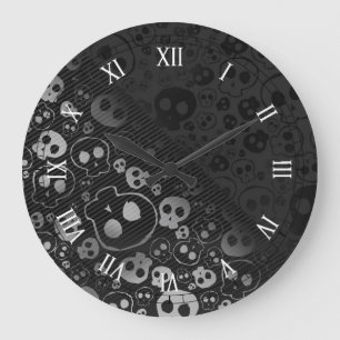 Grande Horloge Ronde têtes blanches et noires de crâne