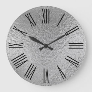 Grande Horloge Ronde Texture de feuille d'argent fausse numéros romains