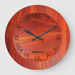 Grande Horloge Ronde Texture en bois de cerisier monogramme personnalis
