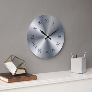 Grande Horloge Ronde Texture Gris Argent Métallisé Monogramme Personnal