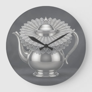 Grande Horloge Ronde Théière argentée et thé à la Ruff de dentelle uniq