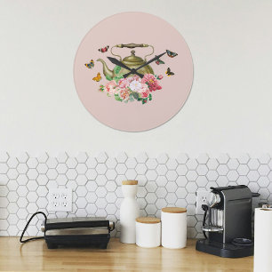 Grande Horloge Ronde Théière Fleurs Roses et Papillons Cuisine