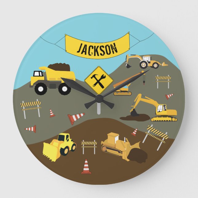 Grande Horloge Ronde Thème de chantier de camions de construction (Recto)