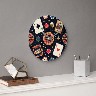 Grande Horloge Ronde Thème de motif de casino sur fond noir