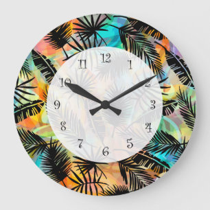 Grande Horloge Ronde Thème hawaïen tropical Palm Feuilles Moderne