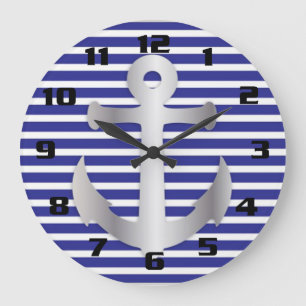 Grande Horloge Ronde Thème Nautique Bleu Motif de Ancre