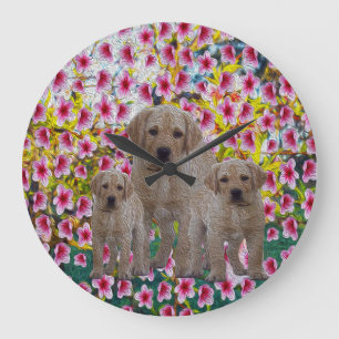 Grande Horloge Ronde Three Labrador Puppies Oil Painted