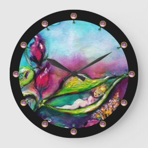 GRANDE HORLOGE RONDE THUMBELINA DORMIR ENTRE FEUILLES ROSE