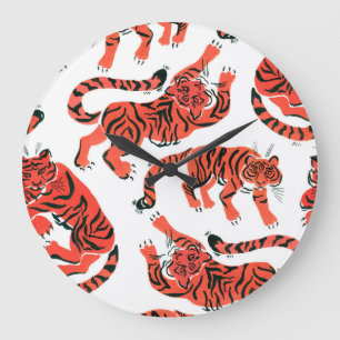Grande Horloge Ronde Tigers vintages Gouache Motif sans couture