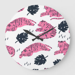 Grande Horloge Ronde Tigre Rose Tropical : Vintage Tiret À Main.