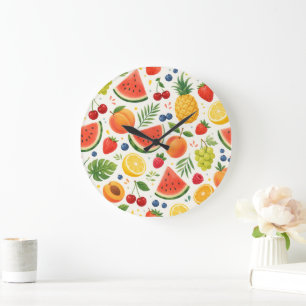 Grande Horloge Ronde Tissu à motif de fruits d'été   Pastèque tropicale
