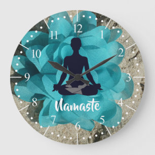Grande Horloge Ronde Tissu silhouette bouddha fleur de lotus turquoise