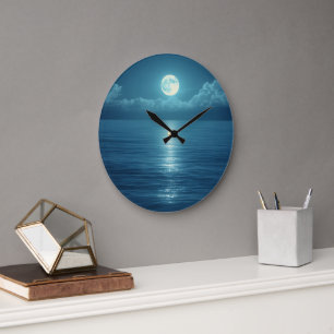 Grande Horloge Ronde Toile d'art océanique éclairée par la lune Plein