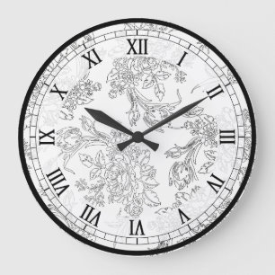 Grande Horloge Ronde Toile floral blanc et noir classique