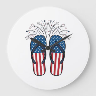 Grande Horloge Ronde Tongs Patriotiques Feux d'Artifice Chemise d'Été D