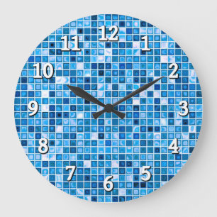 Grande Horloge Ronde Tons Bleus "Aquarelle" Mosaïque Carreaux Motif