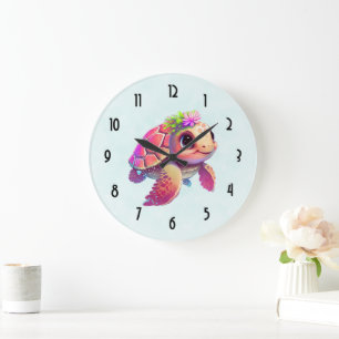 Grande Horloge Ronde Tortue de mer rose fantaisiste et mignonne