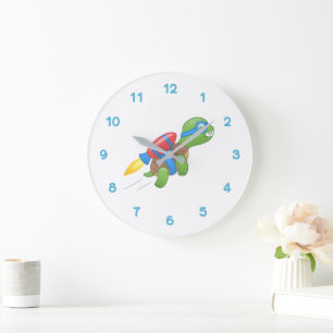 Grande Horloge Ronde Tortue volante avec un Jetpack rouge
