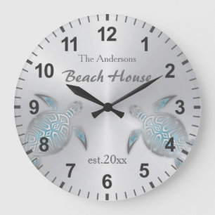 Grande Horloge Ronde Tortues argentées Nom de famille Côte