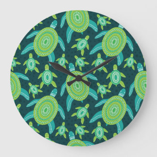 Grande Horloge Ronde Tortues ornementales vertes : motif vintage.