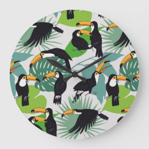 Grande Horloge Ronde Toucan Bird : Palm Feuille Motif