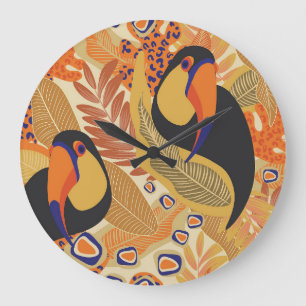 Grande Horloge Ronde Toucans sur branches, motif tropical sans soudure.