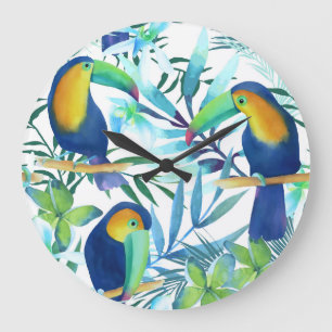 Grande Horloge Ronde Toucans tropicaux : Motif de fleurs exotiques.