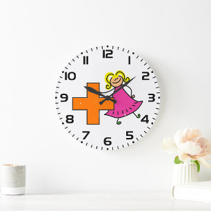 Grande Horloge Ronde Touche mignonne fille avec signe plus